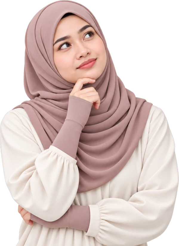 Wanita muslimah tersenyum sambil berfikir